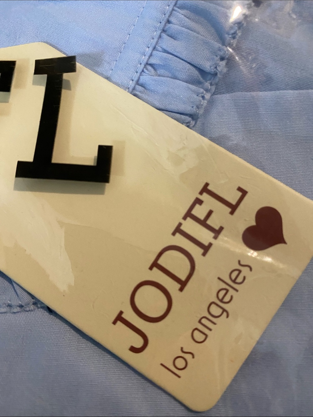 JODIFL Ruffled Peter Pan Collar Full button down! Color:Chambray/ Light Blue - Picture 4 of 10